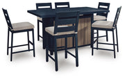 East Beach Outdoor Fire Pit Table and 6 Barstools in Navy Blue/Driftwood - PKG024590