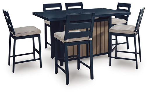 East Beach Outdoor Fire Pit Table and 6 Barstools in Navy Blue/Driftwood - PKG024590
