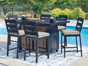 East Beach Outdoor Fire Pit Table and 6 Barstools in Navy Blue/Driftwood - PKG024590