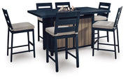East Beach Outdoor Fire Pit Table and 6 Barstools in Navy Blue/Driftwood - PKG024590