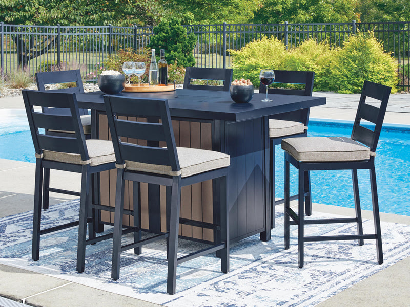 East Beach Outdoor Fire Pit Table and 6 Barstools in Navy Blue/Driftwood - PKG024590