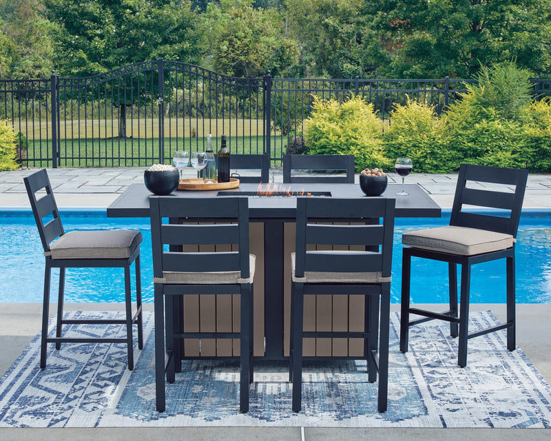 East Beach Outdoor Fire Pit Table and 6 Barstools in Navy Blue/Driftwood - PKG024590