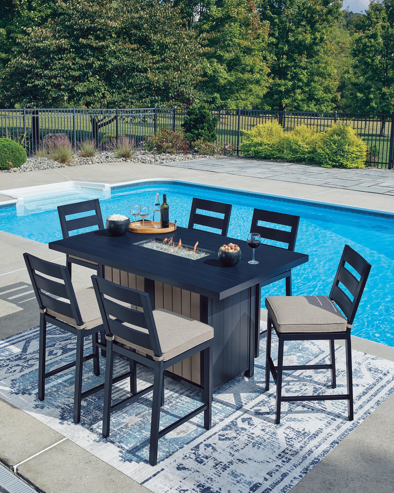 East Beach Outdoor Fire Pit Table and 6 Barstools in Navy Blue/Driftwood - PKG024590