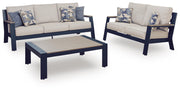 East Beach Outdoor Sofa and Loveseat with Coffee Table in Navy Blue/Driftwood - PKG024588