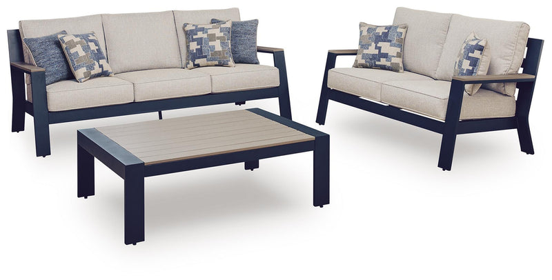 East Beach Outdoor Sofa and Loveseat with Coffee Table in Navy Blue/Driftwood - PKG024588