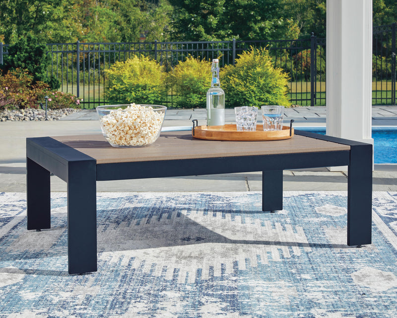 East Beach Outdoor Sofa and Loveseat with Coffee Table in Navy Blue/Driftwood - PKG024588
