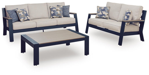 East Beach Outdoor Sofa and Loveseat with Coffee Table in Navy Blue/Driftwood - PKG024588