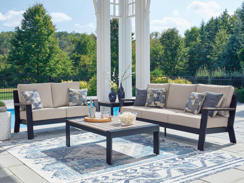East Beach Outdoor Sofa and Loveseat with Coffee Table in Navy Blue/Driftwood - PKG024588