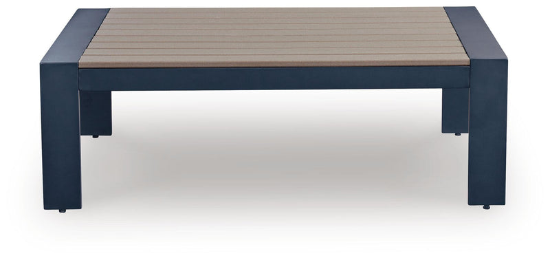 East Beach Outdoor Sofa and Loveseat with Coffee Table in Navy Blue/Driftwood - PKG024588