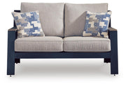 East Beach Outdoor Sofa and Loveseat with Coffee Table in Navy Blue/Driftwood - PKG024588