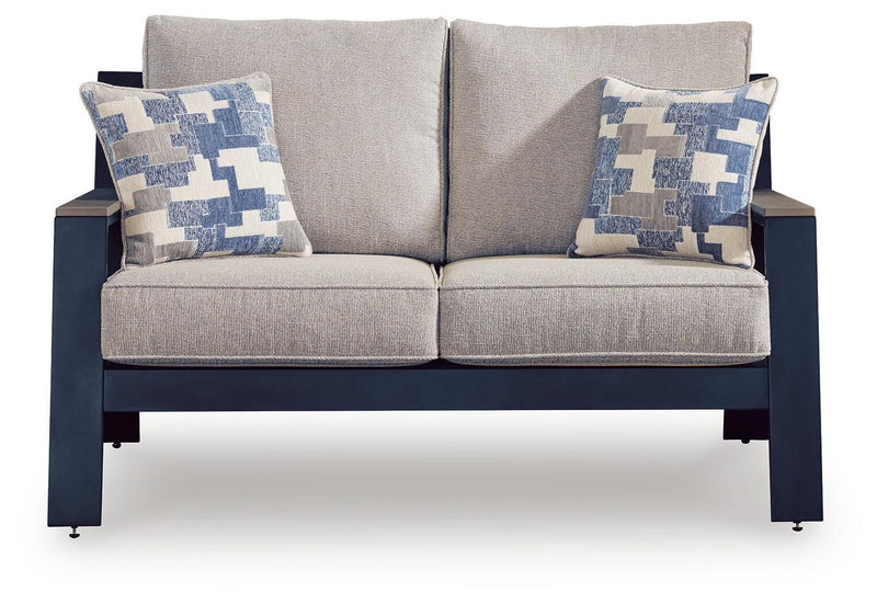 East Beach Outdoor Sofa and Loveseat with Coffee Table in Navy Blue/Driftwood - PKG024588