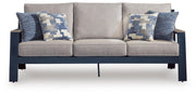 East Beach Outdoor Sofa and Loveseat with Coffee Table in Navy Blue/Driftwood - PKG024588