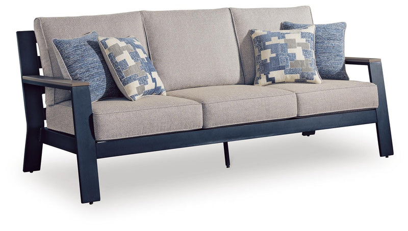 East Beach Outdoor Sofa and Loveseat with Coffee Table in Navy Blue/Driftwood - PKG024588
