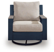 East Beach Outdoor Sofa with 2 Swivel Glider Chairs in Navy Blue/Driftwood - PKG024589