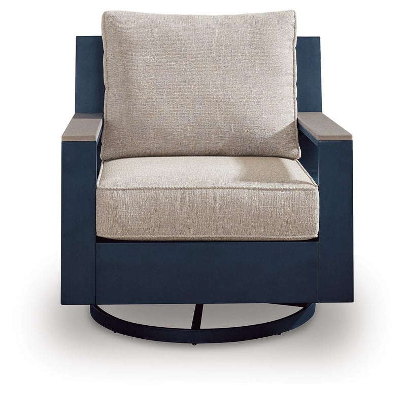 East Beach Outdoor Sofa with 2 Swivel Glider Chairs in Navy Blue/Driftwood - PKG024589