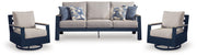 East Beach Outdoor Sofa with 2 Swivel Glider Chairs in Navy Blue/Driftwood - PKG024589