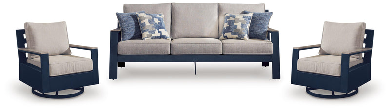 East Beach Outdoor Sofa with 2 Swivel Glider Chairs in Navy Blue/Driftwood - PKG024589