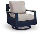 East Beach Outdoor Sofa with 2 Swivel Glider Chairs in Navy Blue/Driftwood - PKG024589