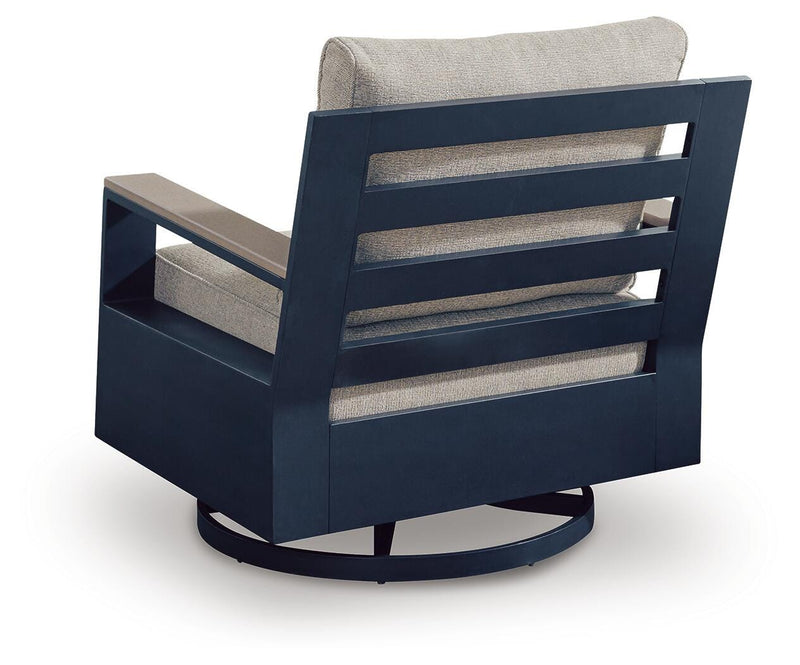 East Beach Outdoor Sofa with 2 Swivel Glider Chairs in Navy Blue/Driftwood - PKG024589