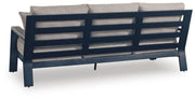 East Beach Outdoor Sofa with 2 Swivel Glider Chairs in Navy Blue/Driftwood - PKG024589