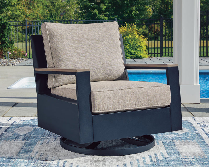 East Beach Outdoor Sofa with 2 Swivel Glider Chairs in Navy Blue/Driftwood - PKG024589