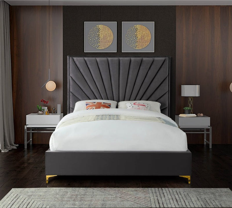 Eclipse Velvet Queen Bed Grey - Gate FurnitureQueen Bed