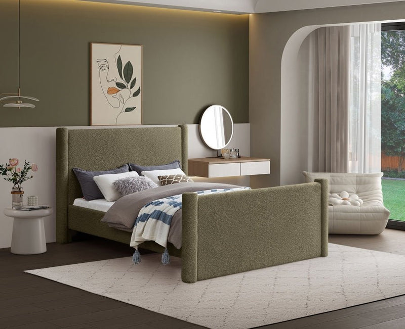 Elias Boucle Fabric King Bed Olive - Gate FurnitureKing Bed