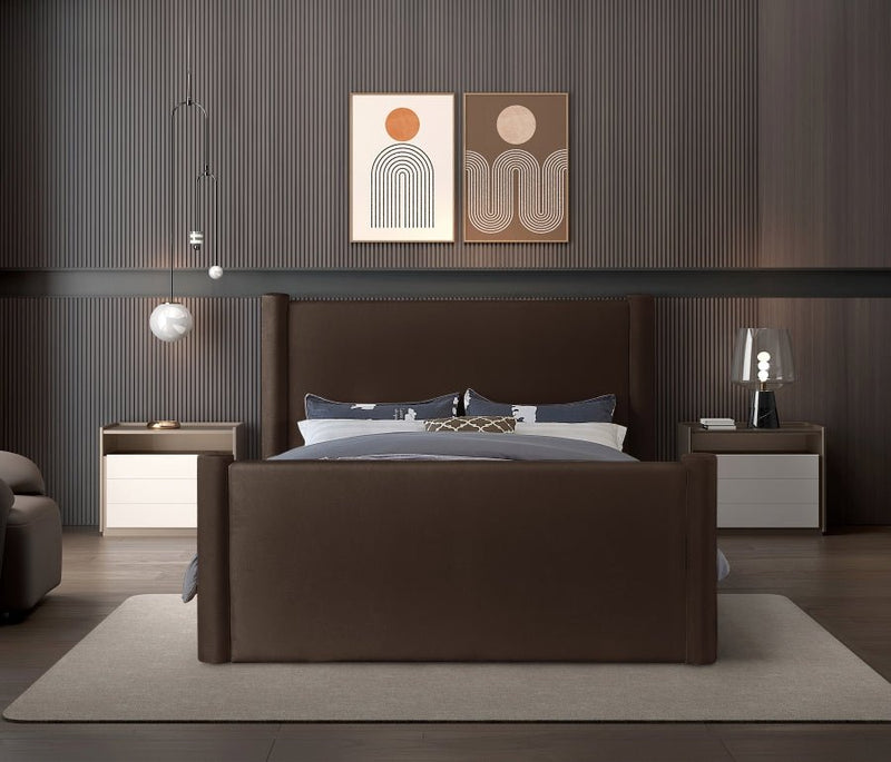 Elias Velvet Queen Bed Brown - Gate FurnitureQueen Bed