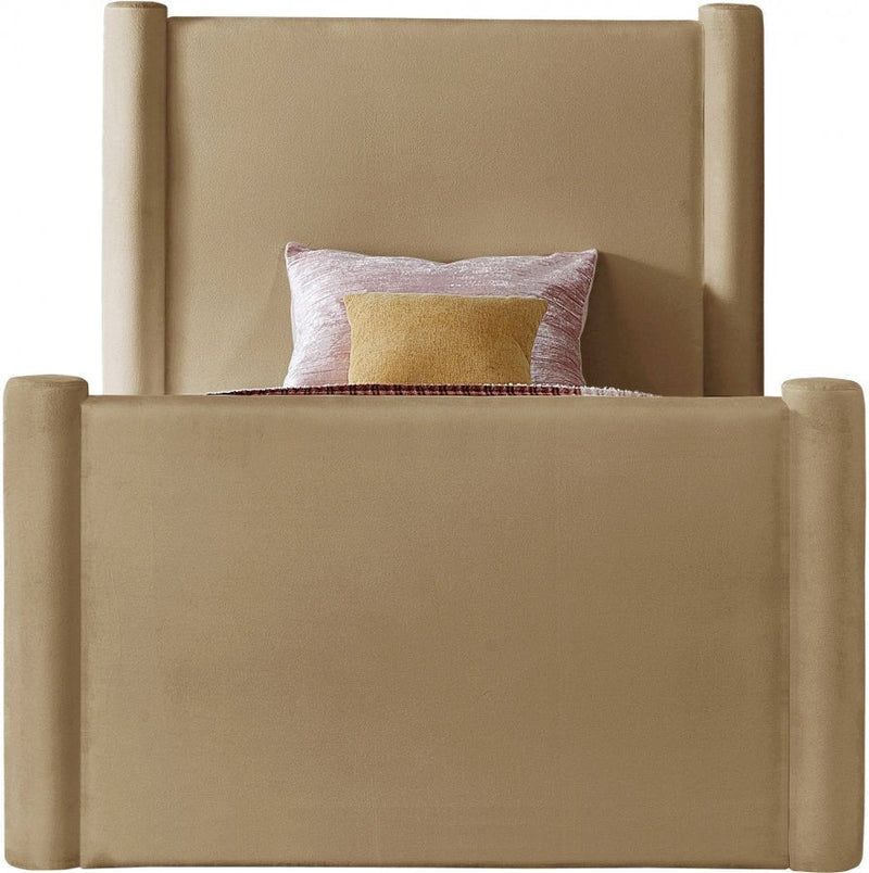 Elias Velvet Twin Bed Camel - Gate FurnitureTwin Bed