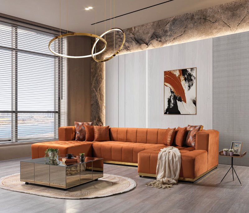 Elisha Orange Velvet Double Chaise 140" Sectional - Gate FurnitureSectional