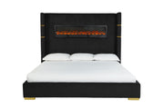 Eliza - Black Upholstered Queen Bed with Bluetooth Speaker, Fireplace, Power Supply and USB - Type C Charger - B164-Q-Bed