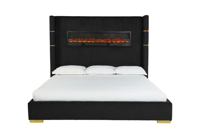 Eliza - Black Upholstered Queen Bed with Bluetooth Speaker, Fireplace, Power Supply and USB - Type C Charger - B164-Q-Bed