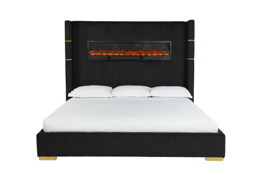 Eliza - Black Upholstered Queen Bed with Bluetooth Speaker, Fireplace, Power Supply and USB - Type C Charger - B164-Q-Bed