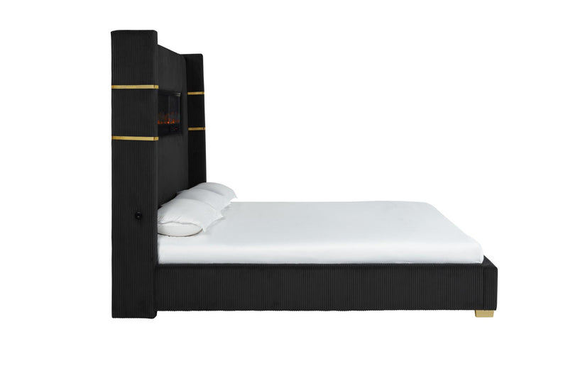 Eliza - Black Upholstered Queen Bed with Bluetooth Speaker, Fireplace, Power Supply and USB - Type C Charger - B164-Q-Bed