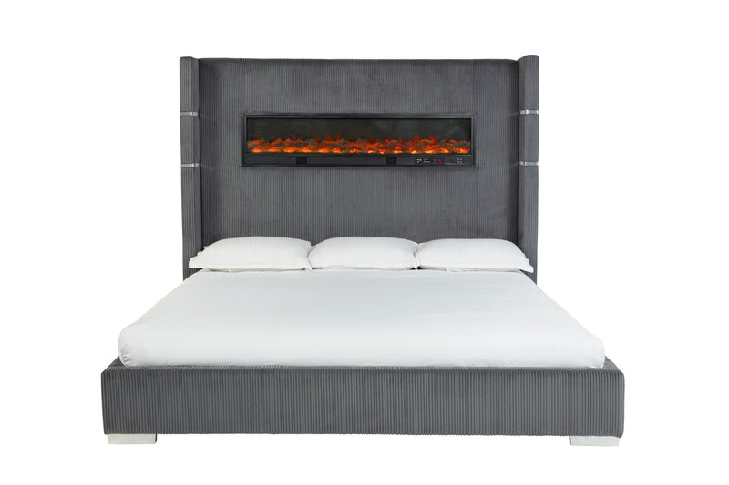 Eliza - Gray Upholstered King Bed with Bluetooth Speaker, Fireplace, Power Supply and USB - Type C Charger - B165-K-Bed