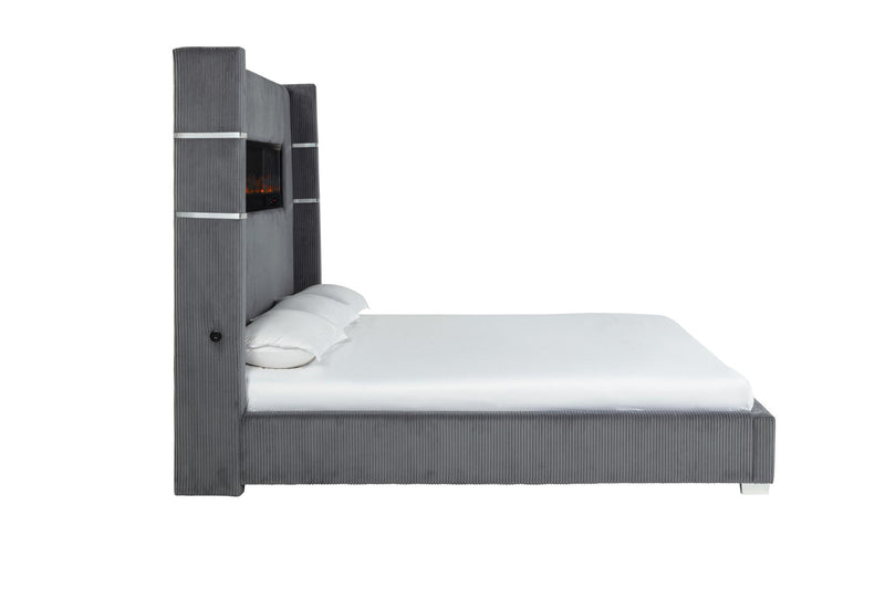 Eliza - Gray Upholstered Queen Bed with Bluetooth Speaker, Fireplace, Power Supply and USB - Type C Charger - B165-Q-Bed