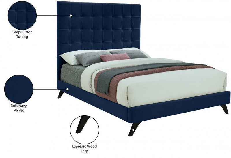 Elly Velvet Queen Bed Blue - Gate FurnitureQueen Bed