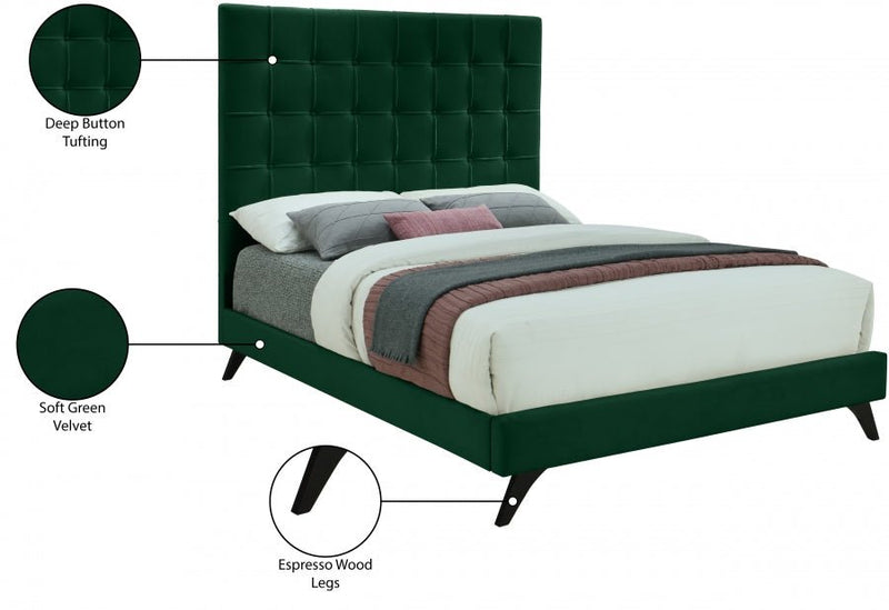 Elly Velvet Queen Bed Green - Gate FurnitureQueen Bed