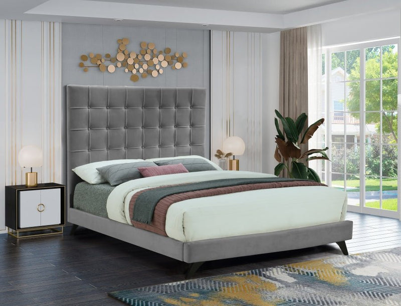 Elly Velvet Queen Bed Grey - Gate FurnitureQueen Bed