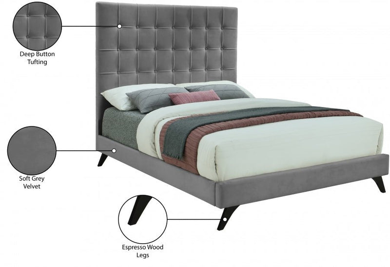 Elly Velvet Queen Bed Grey - Gate FurnitureQueen Bed