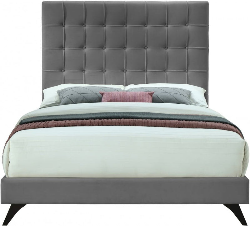 Elly Velvet Queen Bed Grey - Gate FurnitureQueen Bed