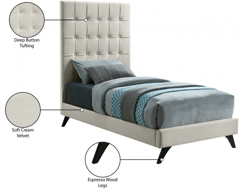 Elly Velvet Twin Bed Cream - Gate FurnitureTwin Bed