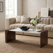 Enna Genuine Marble And Mango Wood Coffee Table in White - 77011Brown-CT