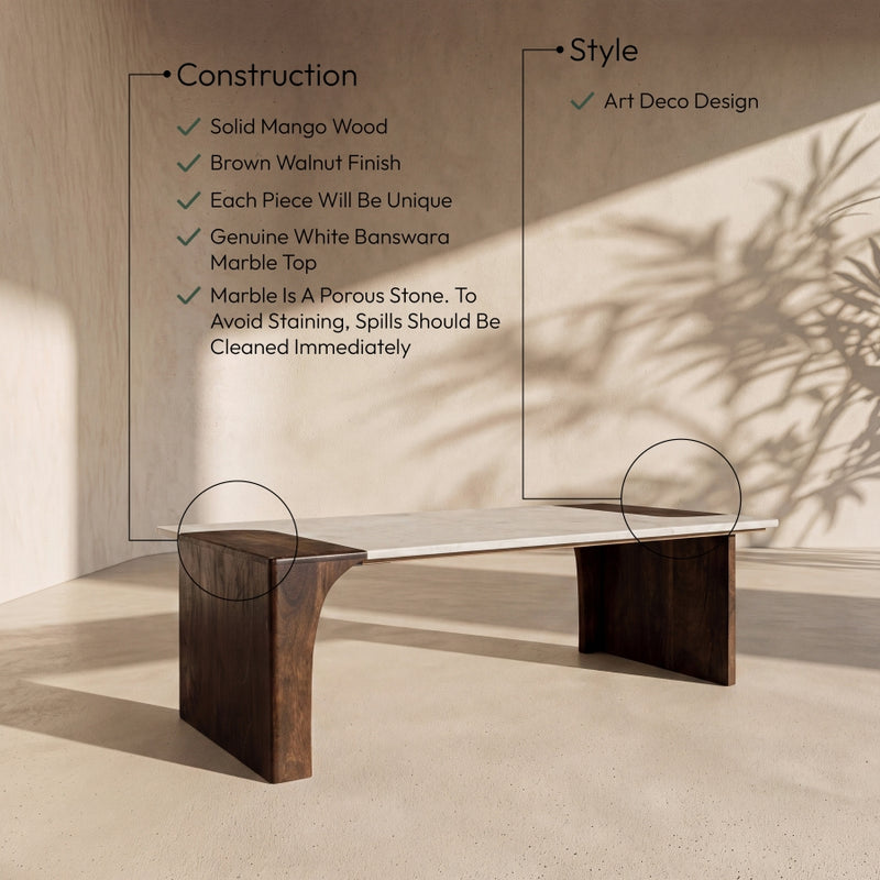 Enna Genuine Marble And Mango Wood Coffee Table in White - 77011Brown-CT