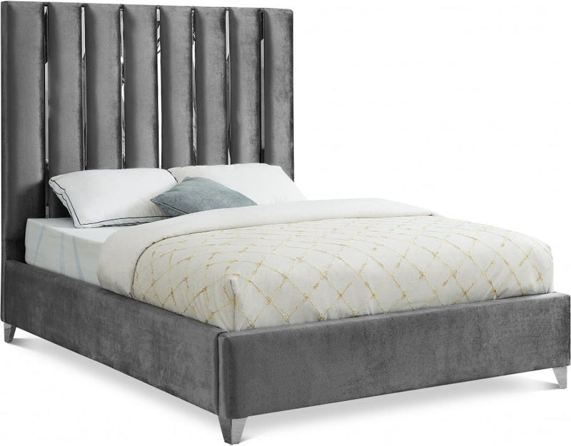 Enzo Velvet Queen Bed Grey - Gate FurnitureQueen Bed