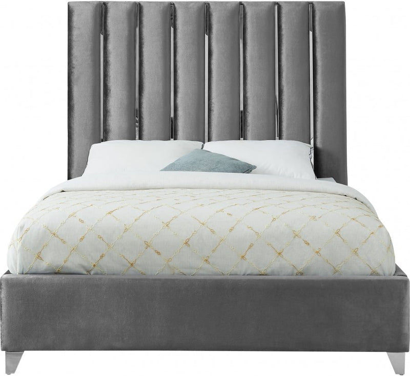 Enzo Velvet Queen Bed Grey - Gate FurnitureQueen Bed
