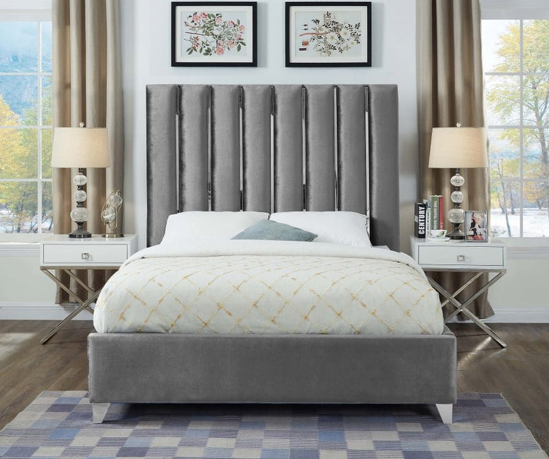 Enzo Velvet Queen Bed Grey - Gate FurnitureQueen Bed