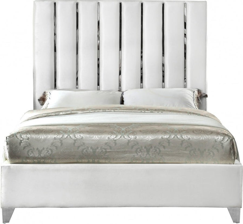 Enzo Velvet Queen Bed White - Gate FurnitureQueen Bed