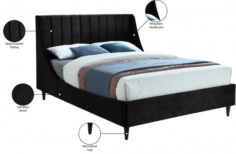 Eva Velvet Queen Bed Black - Gate FurnitureQueen Bed