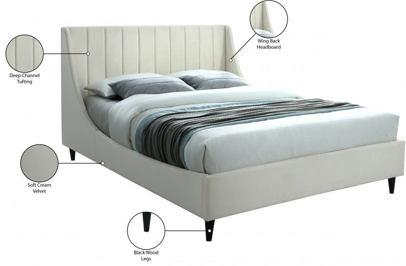 Eva Velvet Queen Bed Cream - Gate FurnitureQueen Bed